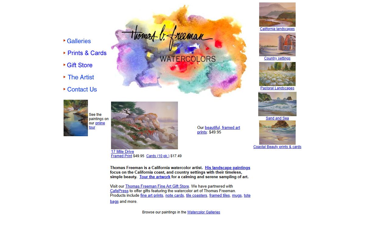 Thomas Freeman Watercolors: Original watercolor art and landscape painting of the California coast and the rural America countryside by artist Thomas Freeman. Gift store and online painting gallery.