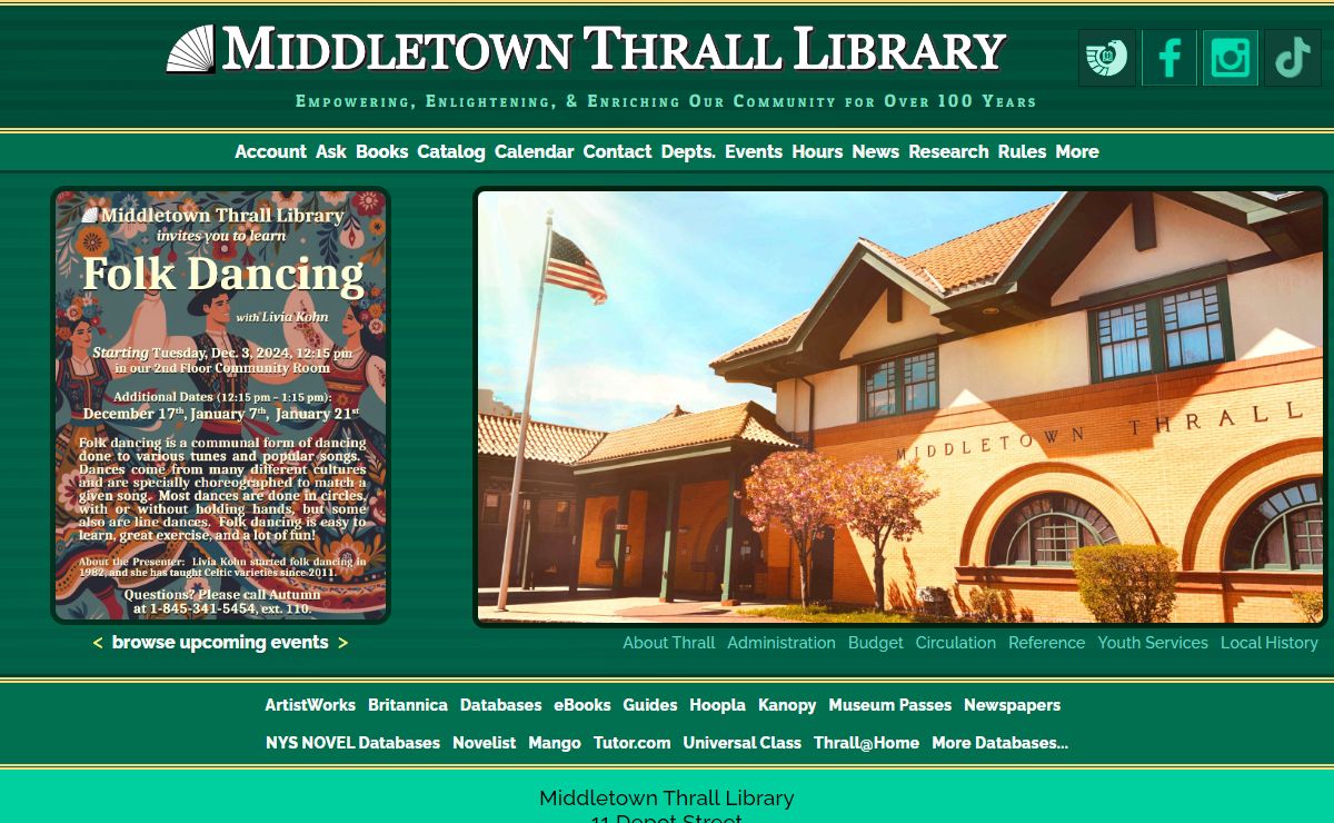 Middletown Thrall Library :: 11 Depot Street, Middletown, New York 10940 :: 1-845-341-5454 :: Research, Reading, & More Library Resources & Services