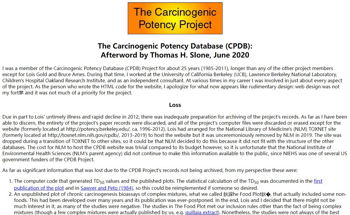 The Carcinogenic Potency Project (CPDB): Afterword