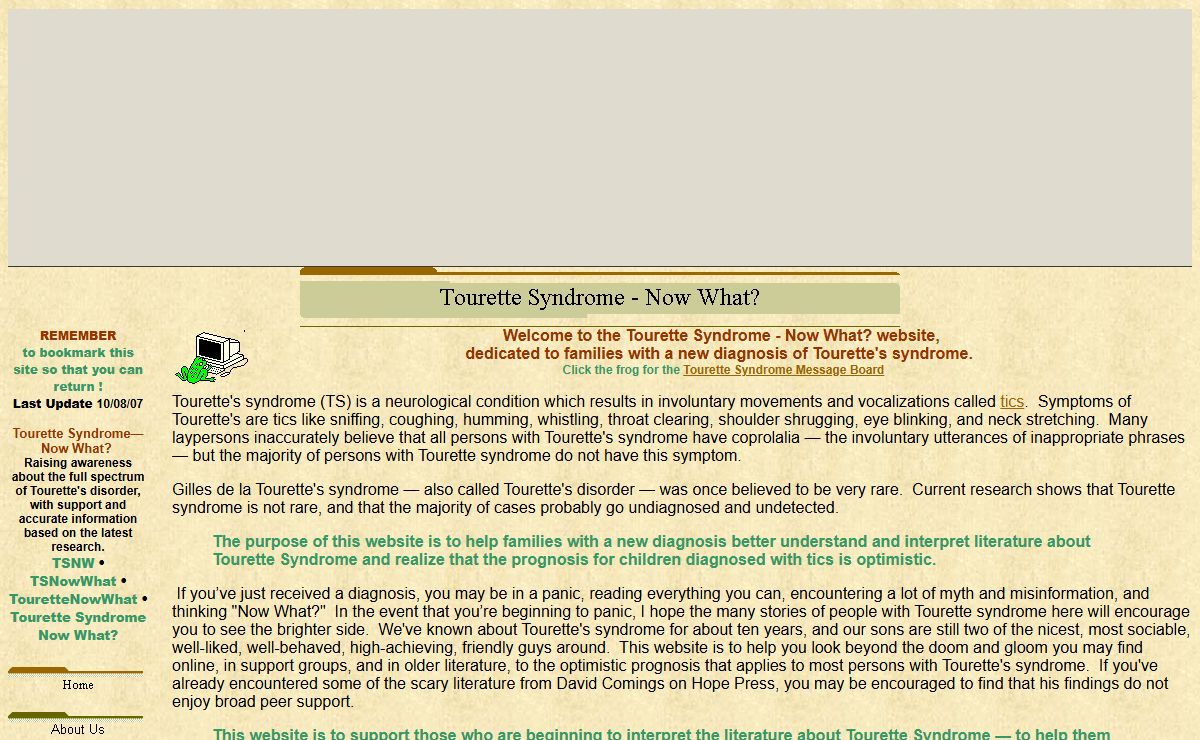 Tourette Syndrome - Now What? Tourette's syndrome information for the newly-diagnosed.