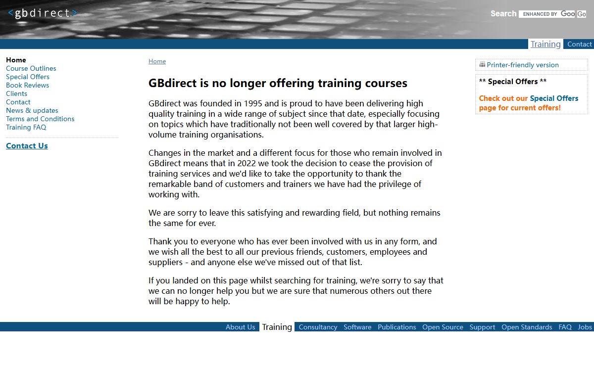 GBdirect is no longer offering training courses