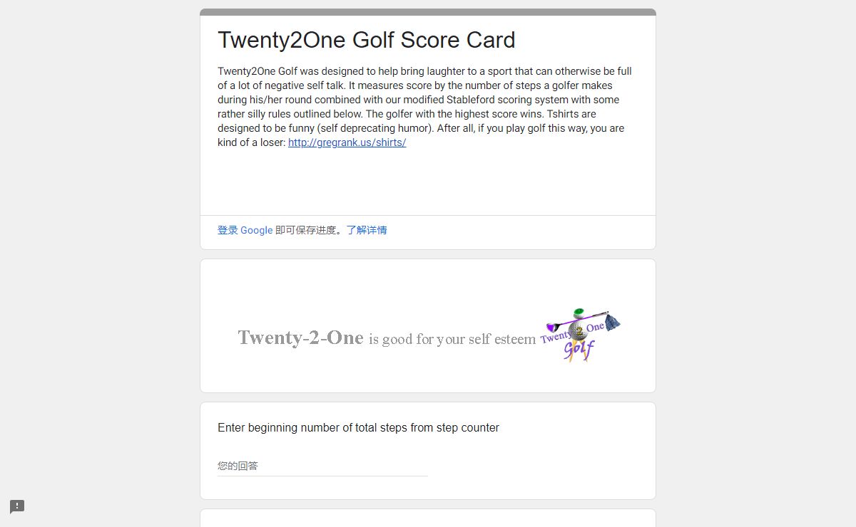 Twenty2One Golf Score Card