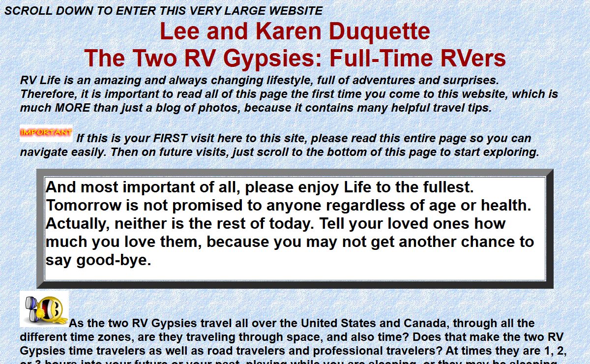 Travel Adventures of Full-time RVers, Lee Duquette and Karen Duquette