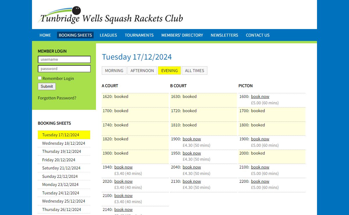 Tunbridge Wells Squash Club - Court Booking System
