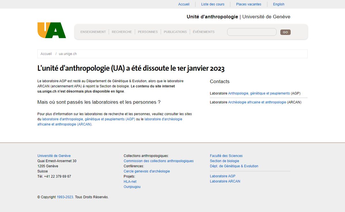 L'unité d'anthropologie (UA) a été dissoute le 1er janvier 2023 | Unité d'anthropologie > Département de Génétique & Evolution > Université de Genève