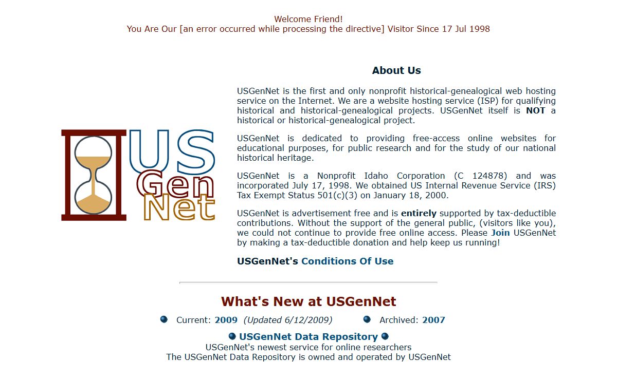 USGenNet. The First and Only Nonprofit Historical-Genealogical Web Hosting Service on the Internet! History, Historical, Family History, Genealogy, Genealogical. Family Values. History and Genealogy. Genealogy and History. ISP