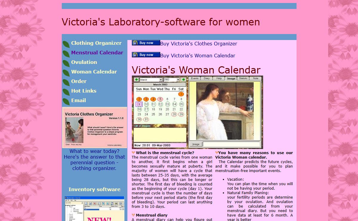 Victoria's Woman Calendar for predict menstrual cycles and ovulations, Victoria's Clothes Organizer
