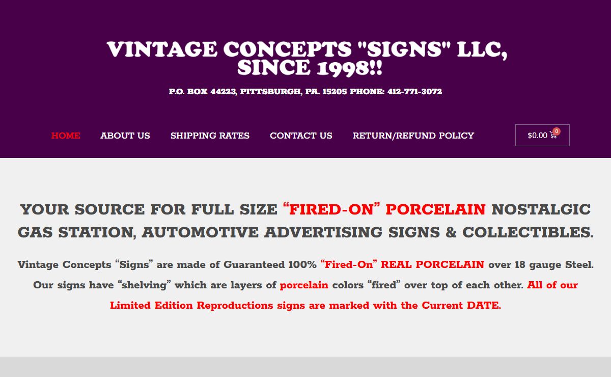 Vintage Concepts - Porcelain Gas Station Signs and Garage Collectables