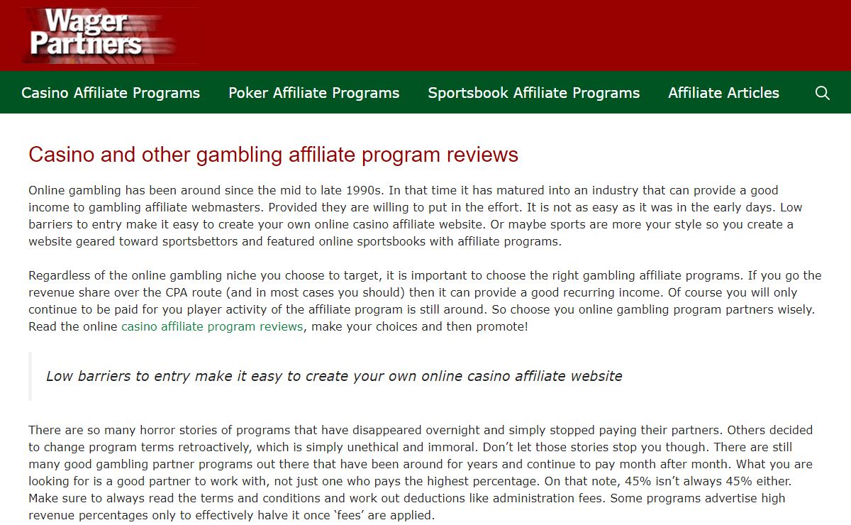 Casino affiliate programs reviewed by WagerPartners.com