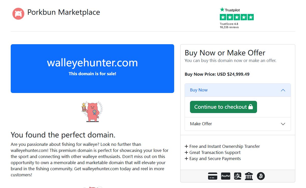 Porkbun Marketplace: The domain walleyehunter.com is for sale.