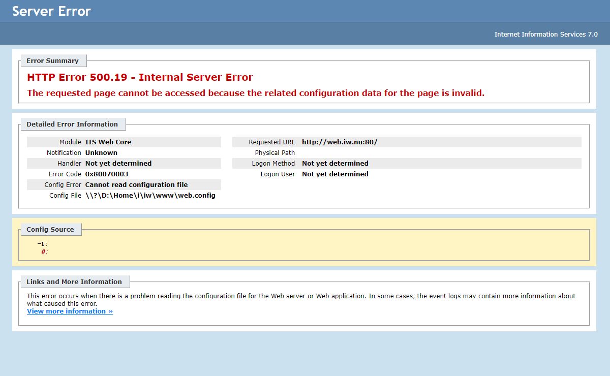 IIS 7.0 Detailed Error - 500.19 - Internal Server Error