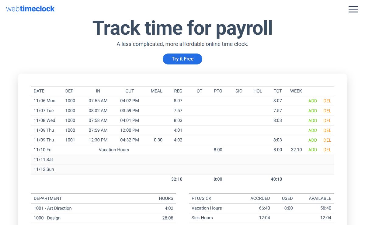 Webtimeclock - Online Time Clock Software - Optional Payroll