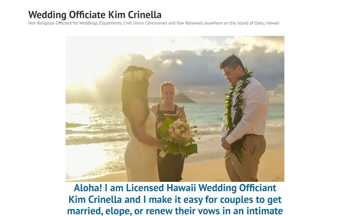 Wedding Officiate Kim Crinella – Non Religious Officiant for Weddings, Elopements, Civil Union Ceremonies and Vow Renewals anywhere on the island of Oahu, Hawaii
