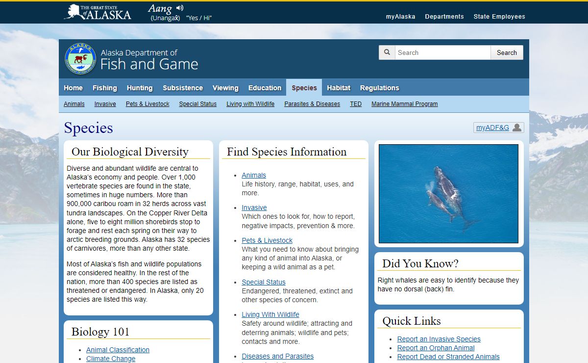 Alaska's Species Information, Alaska Department of Fish and Game