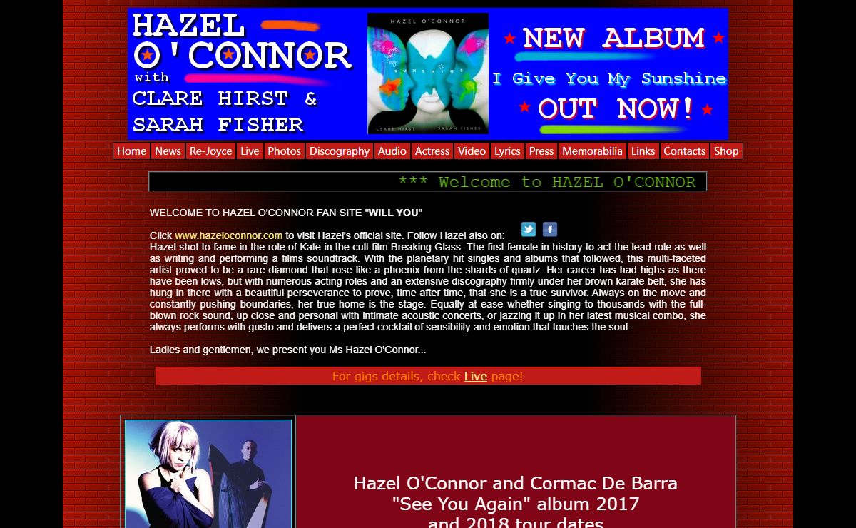 Hazel O'Connor fan website Will You