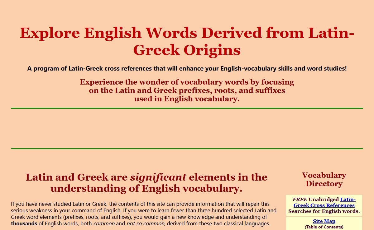 Access and explore English vocabulary words from Latin Greek sources