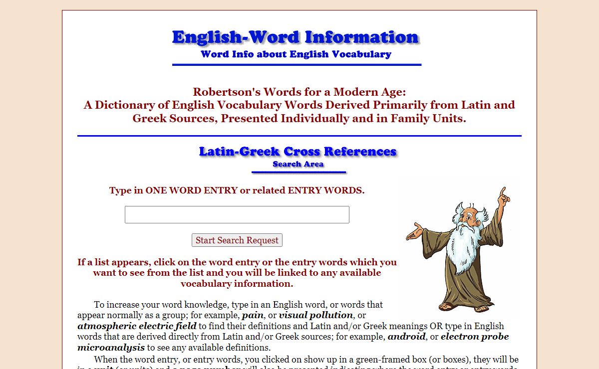 Word Information - an English dictionary about English vocabulary words and etymologies derived primarily from Latin and Greek word origins