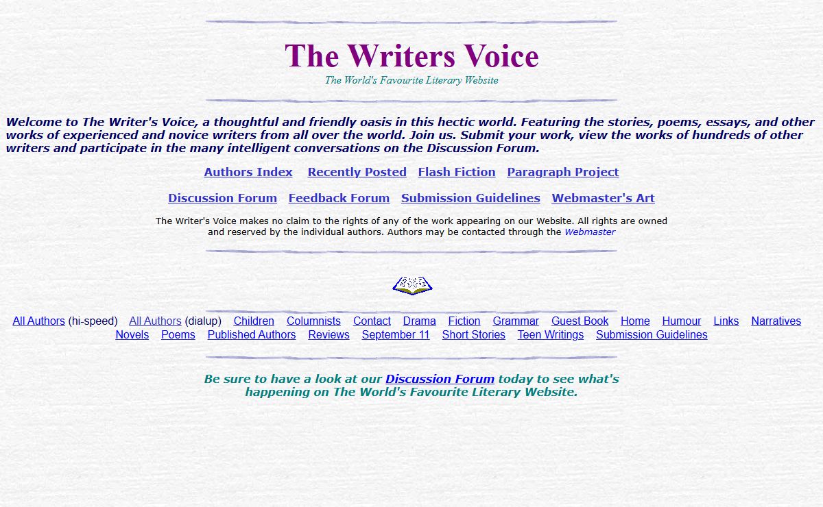 Writers-Voice Literary Website Homepage - Submit and Read Poetry, Fiction, Opinion, Narratives, In-Progress Novels, etc.