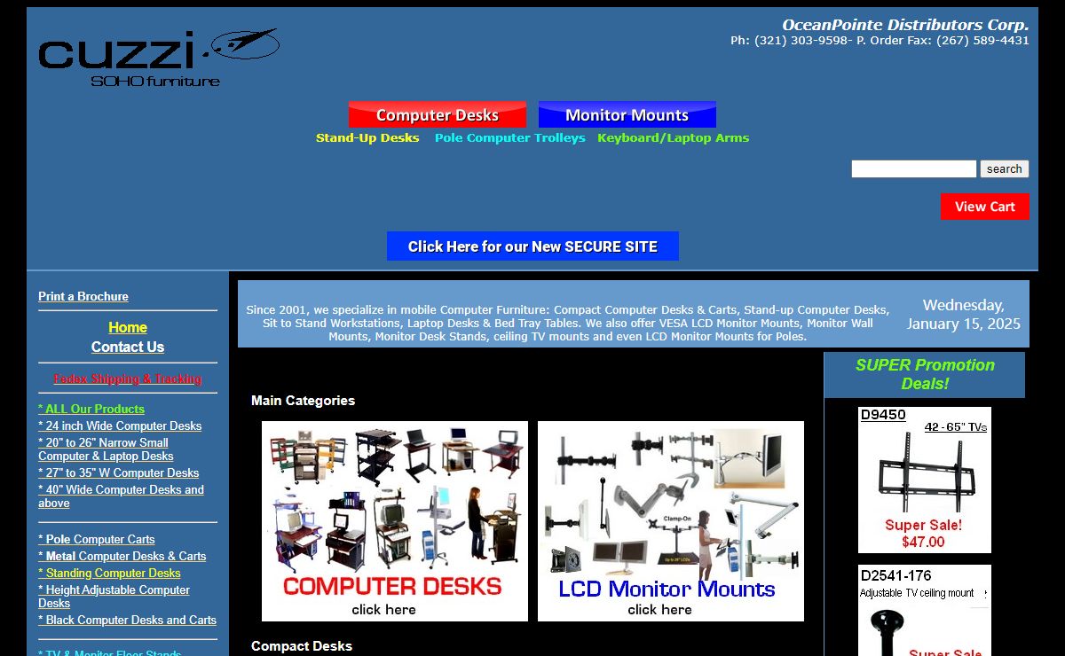CUZZI Compact Computer Desks, Stand up Desks, Laptop Desks; LCD Mounts, Arms & Brackets. Medical carts.