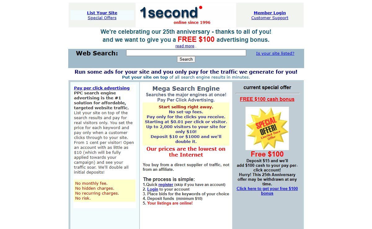 Pay Per Click Advertising - 1second.com mega PPC search engine