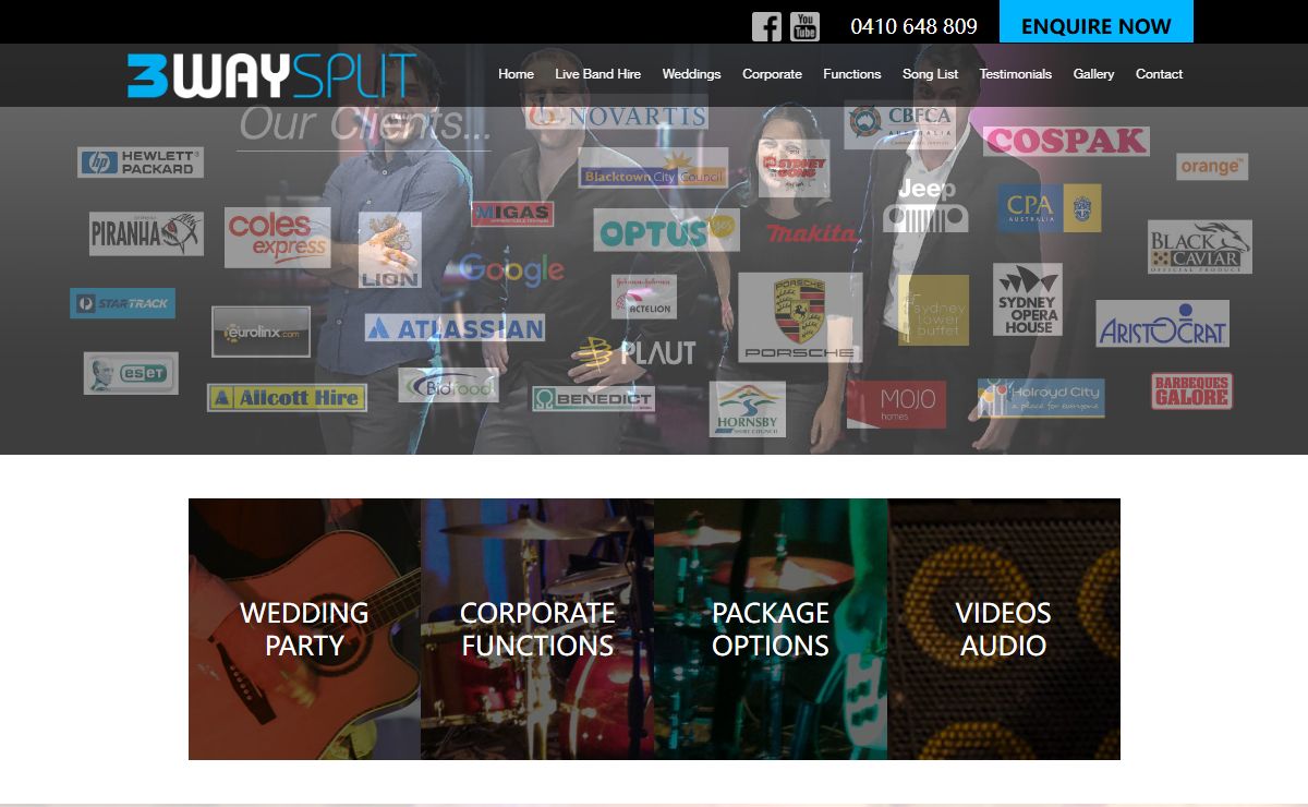 Corporate Functions, Weddings, Clubs, Band Hire, 3 Way Split