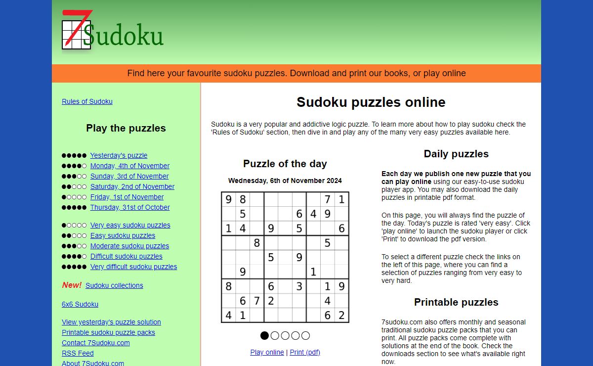 Daily Sudoku Puzzles to print or play online at 7Sudoku.com