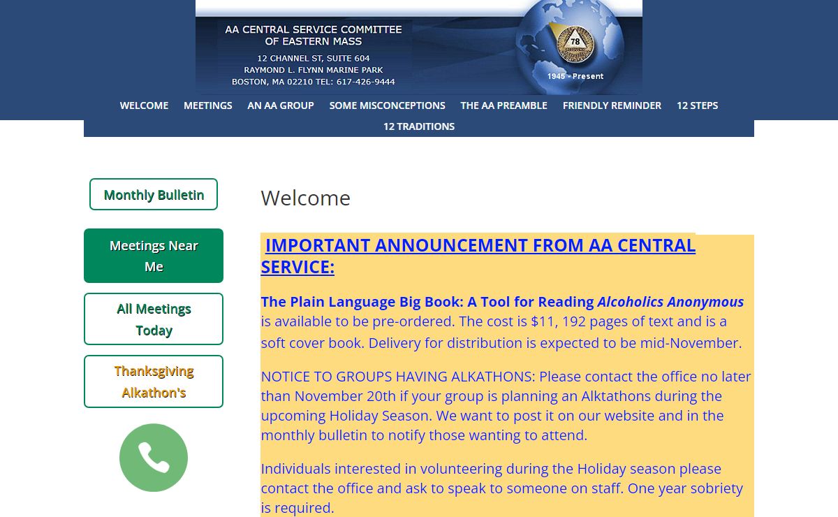 Alcoholics Anonymous Boston Central Service Office of Eastern MA USA | AA Boston Central Service Office serving Eastern MA USA