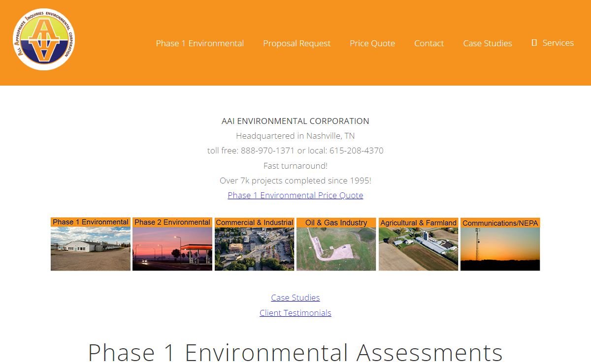 Nashville Phase 1 Environmental Assessments All Appropriate Inquiries Environmental Corporation, AAI Environmental is a Phase 1 Environmental Phase 2 Assessment company in Nashville, TN Memphis Knoxville Chattanooga, with headquarters in Nashville, Tennessee