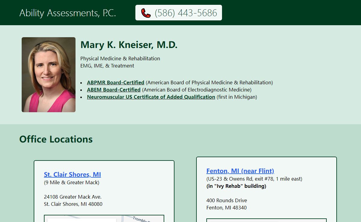 Ability Assessments, P.C. -- Dr. Mary K. Kneiser, board certified physiatrist.