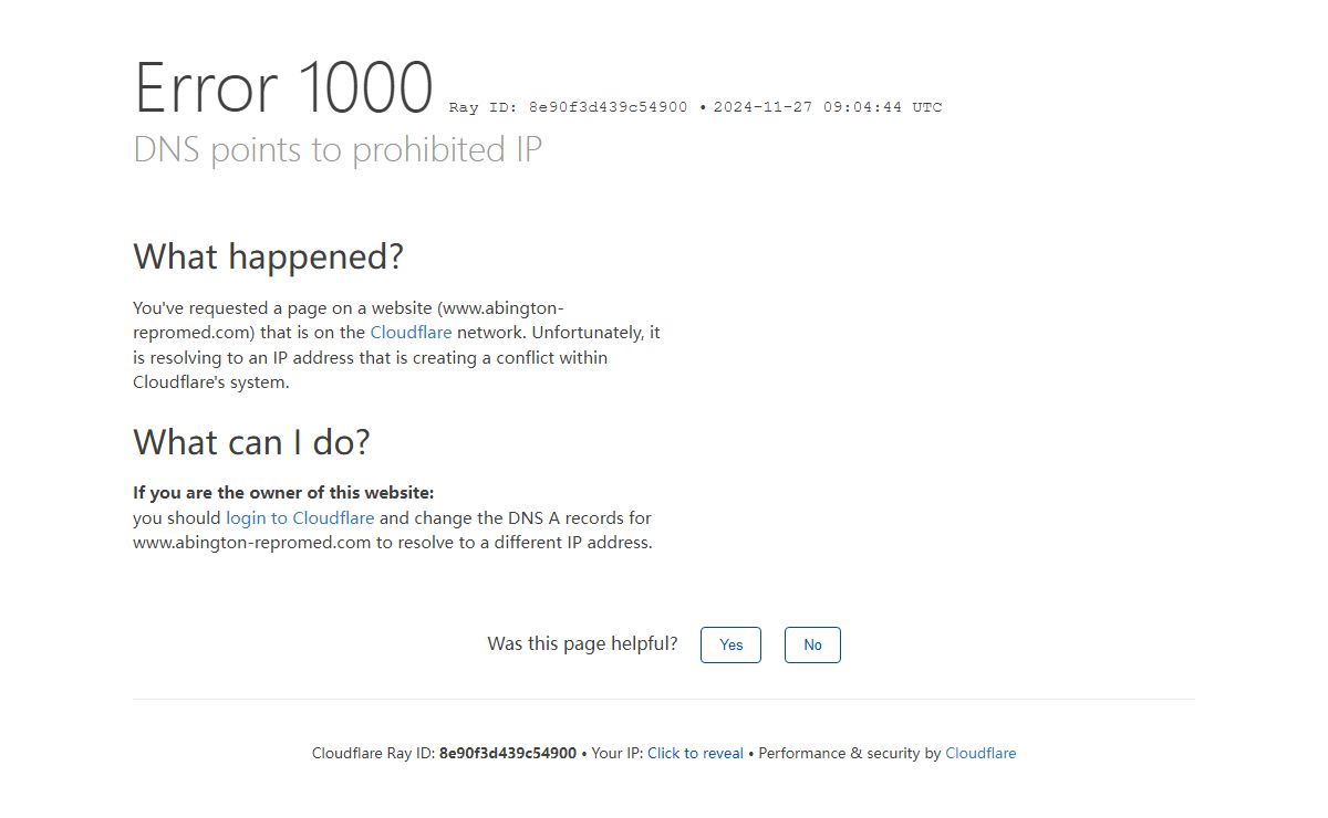 DNS points to prohibited IP | www.abington-repromed.com | Cloudflare