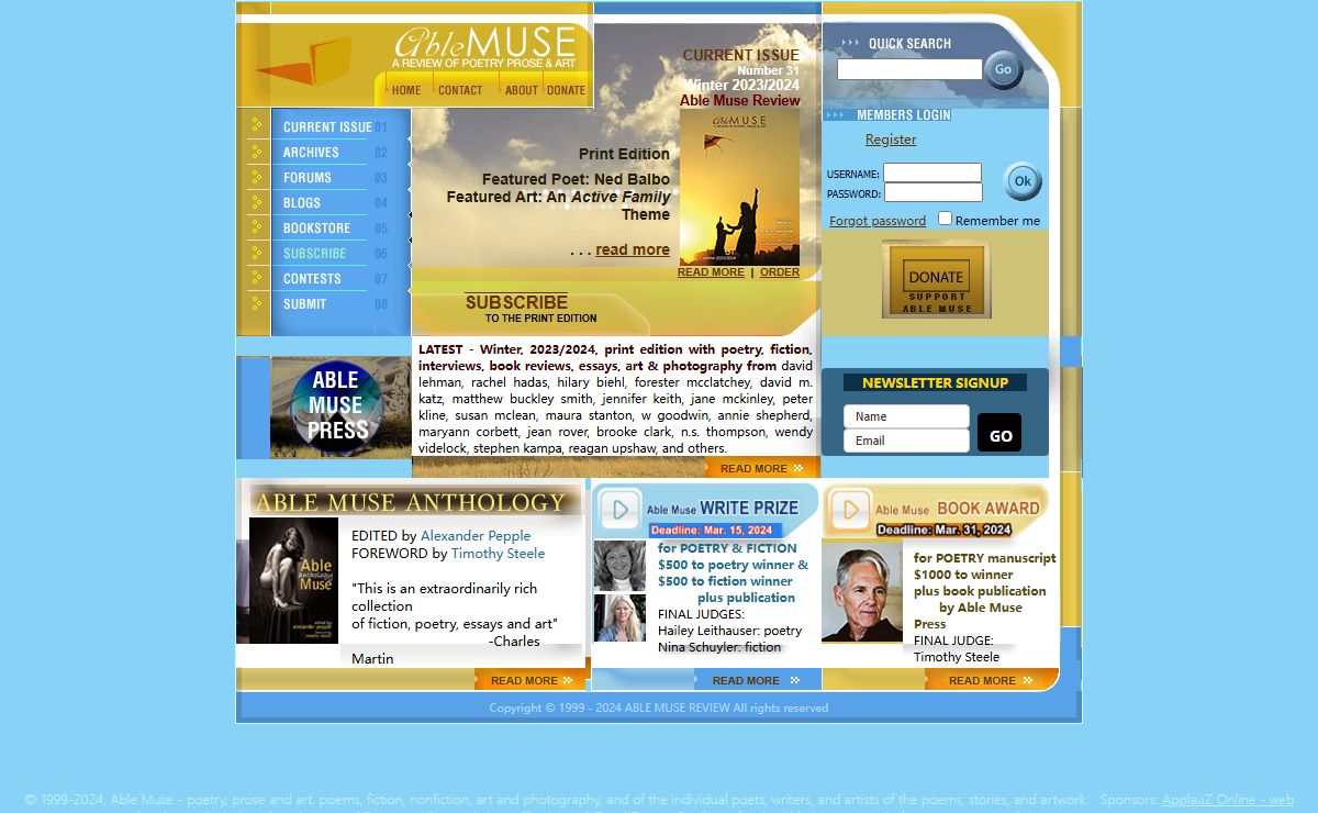 Able Muse Review - metrical poetry, fiction, art, book reviews, interview, essays - Print Edition, Number 31, Winter 2023/2024