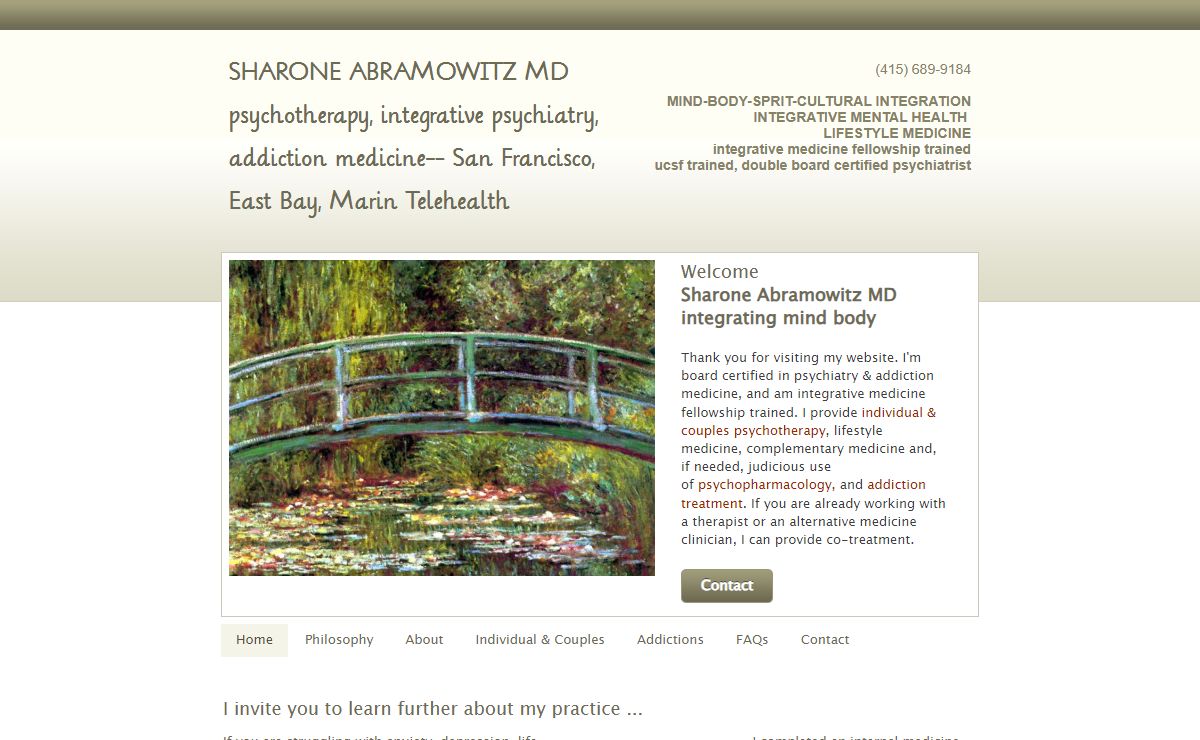 SHARONE ABRAMOWITZ MD psychotherapy, integrative psychiatry, addiction medicine-- San Francisco, East Bay, Marin Telehealth - S Abramowitz MD: HOME