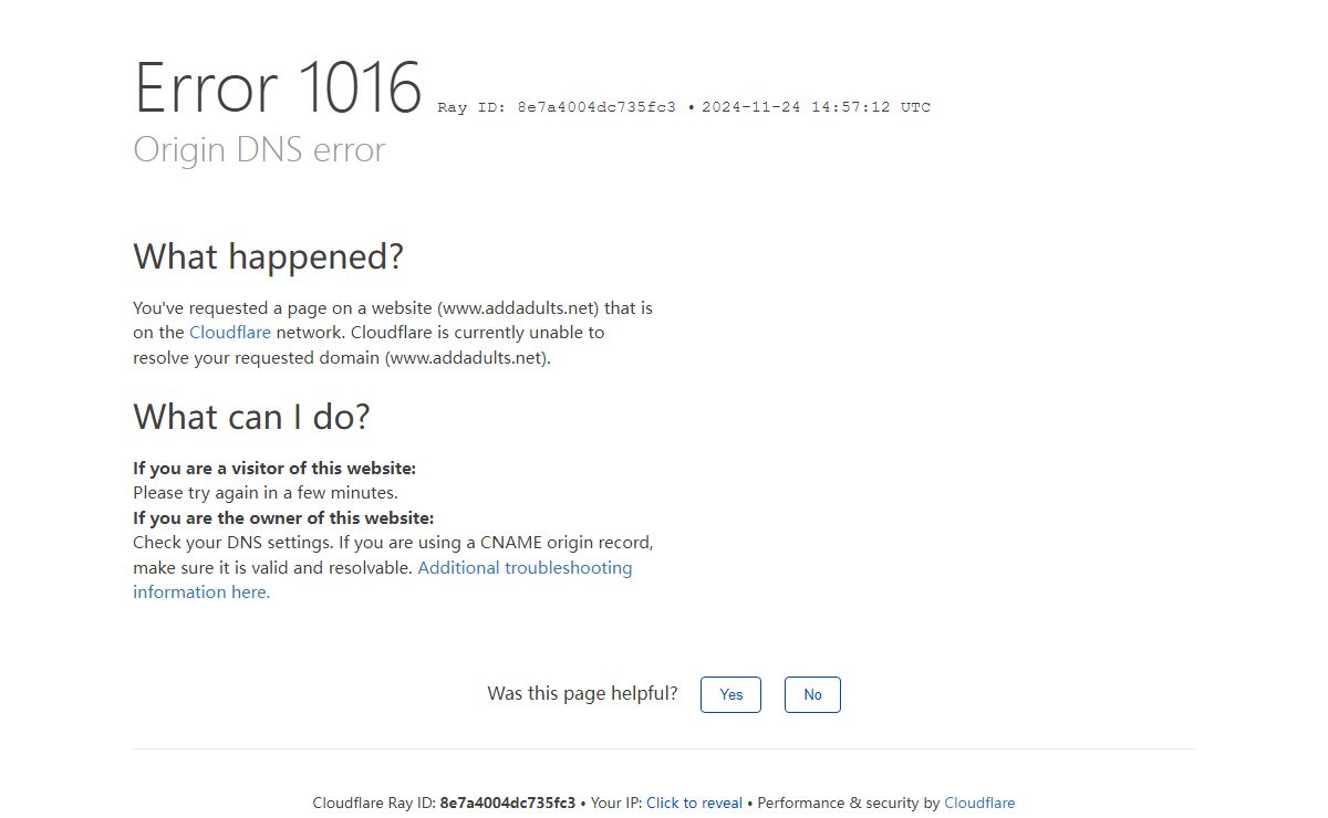 Origin DNS error | www.addadults.net | Cloudflare