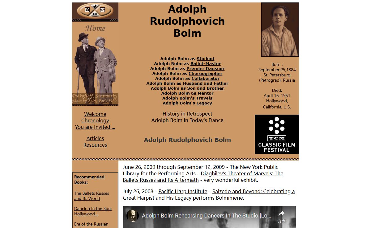 Adolph Bolm's career and his relationships with Anna Pavlova, Ruth Page, Karsavina, Stravinsky, Remisoff, Mordkin, Fokine, Roehrich, Berman, his accomplishments with Imperial Theater, Marynski, Intime, Mechanique, Sadko, Carnaval, Bach Cycle, Coq d'Or, Cleopatre, Giselle, Polovtsian Dances, Prince Igor, Diaghilev, Petroushka, Ballet Master, travel to New York, Chicago, Illinois, San Francisco, Hollywood, California, US, St. Petersburg, Russia, Paris, France, London, England, Stockholm, Sweden, Munich, Germany, Mexico City, Mexico, Buenos Aires, Argentina