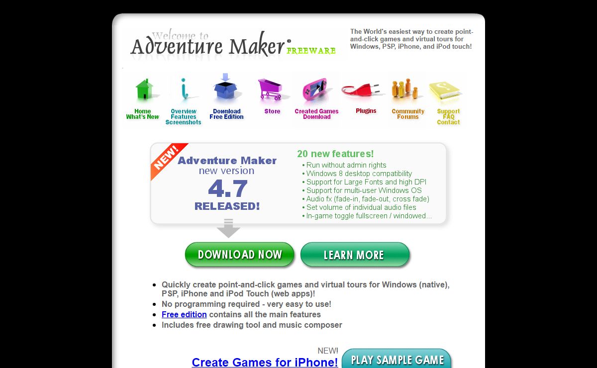 Adventure Maker (freeware) - Create games for Windows, PSP, iPhone, and iPod touch without writing a line of code