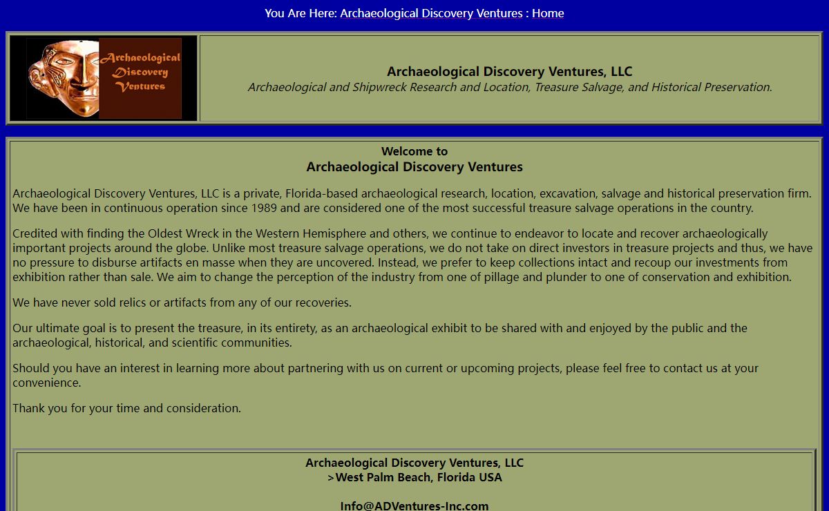 Archaeological Discovery Ventures, LLC - Shipwreck Treasure Salvage and Historical Preservation