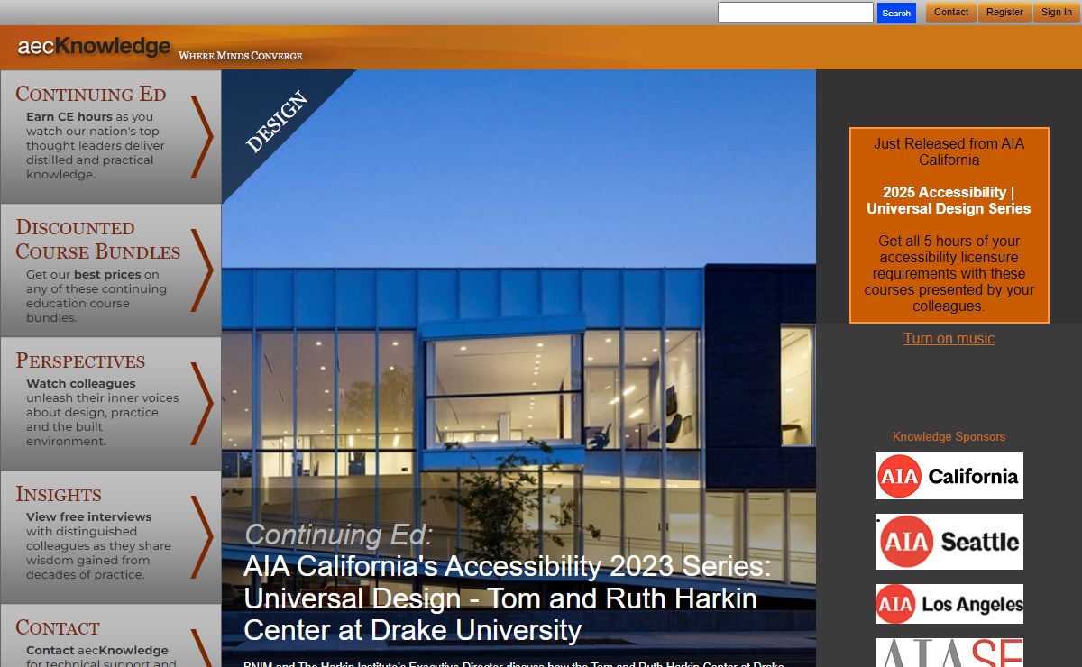 aecKnowledge. Online Continuing Education Units for Architects, Engineers, Contractors. Earn Mandatory Licensing, AIA CES and GBCI LU for HSW, Sustainability (SD), Accessibility, Leadership and more.