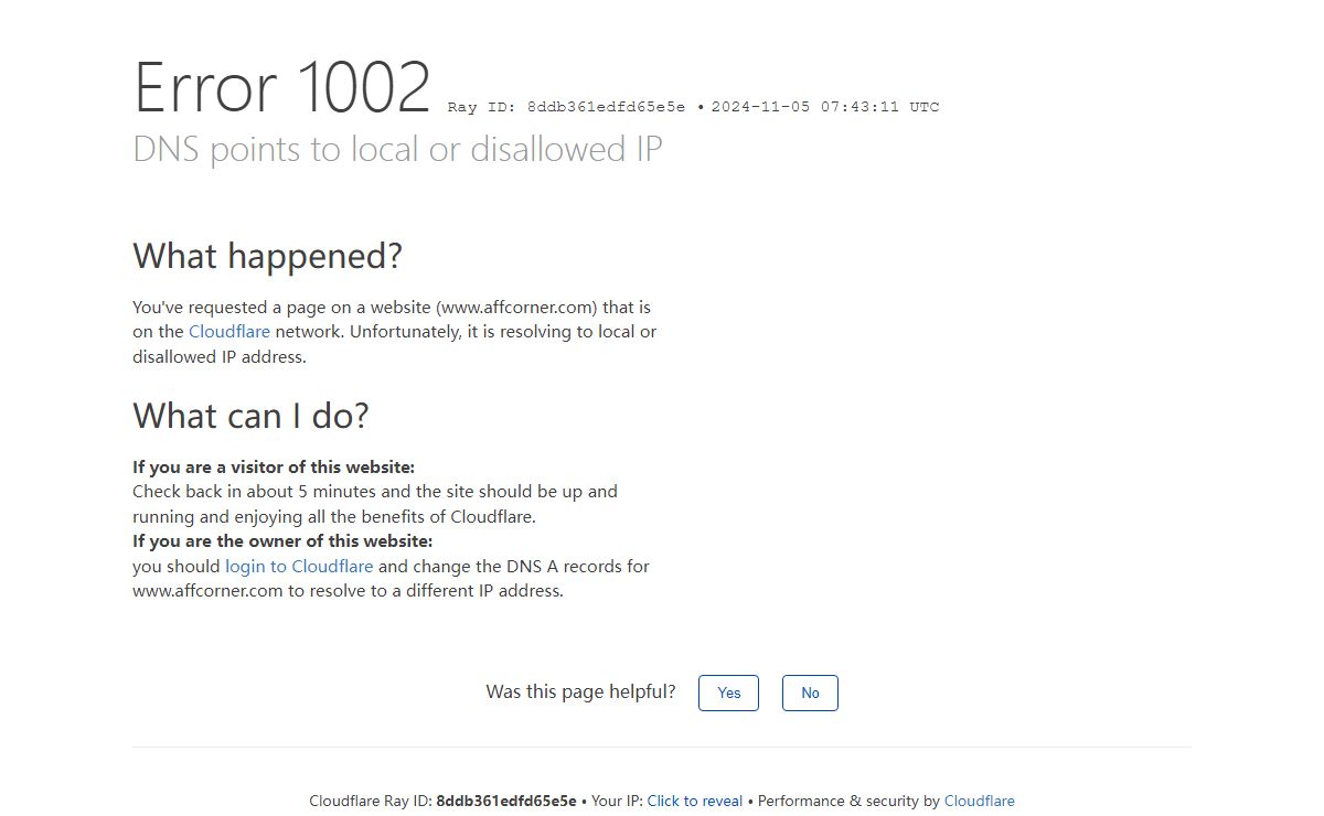 DNS points to local or disallowed IP | www.affcorner.com | Cloudflare