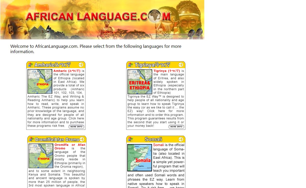 Welcome to African Language.com Developers of Amharic, Tigrinya, Somali, and Swahili learning programs.