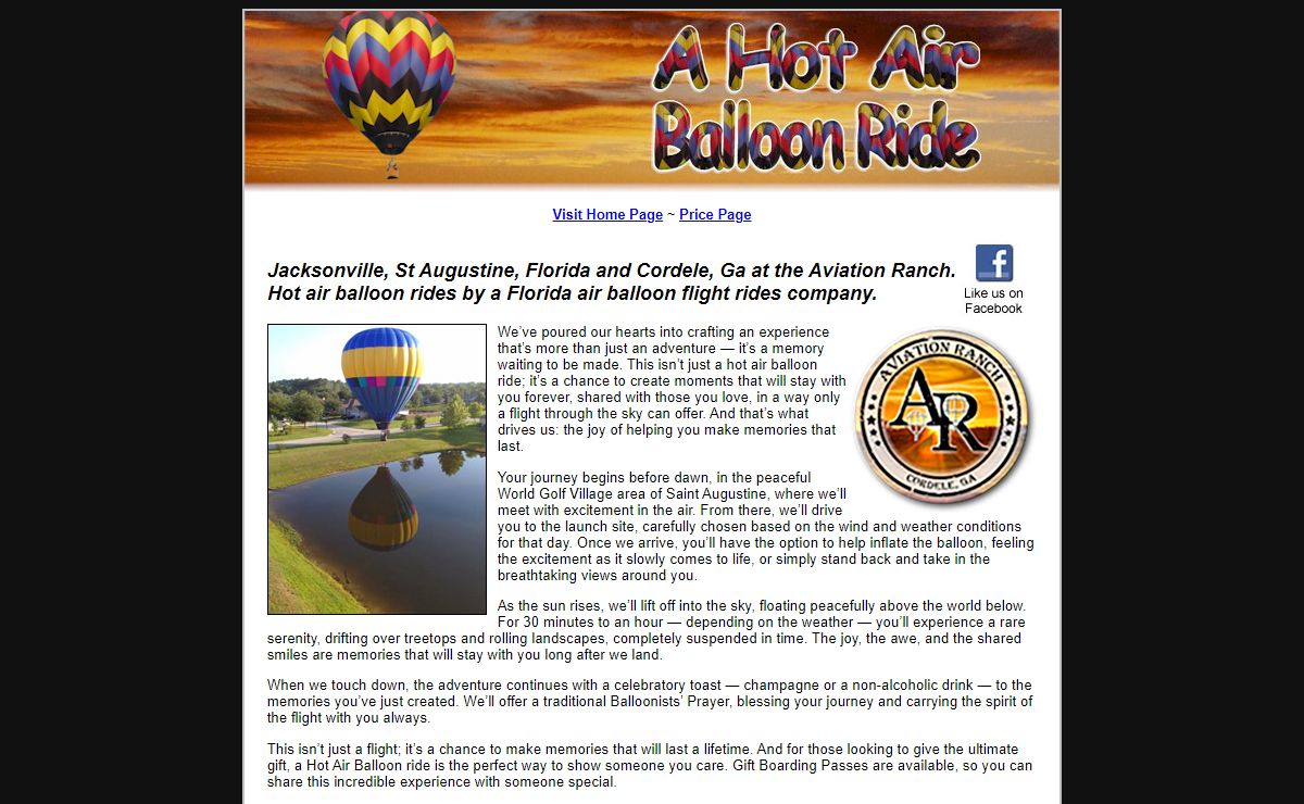 Jacksonville, St Augustine Florida and Cordele, Ga at the Aviation Ranch hot air balloon rides. Florida air balloon flight rides company.