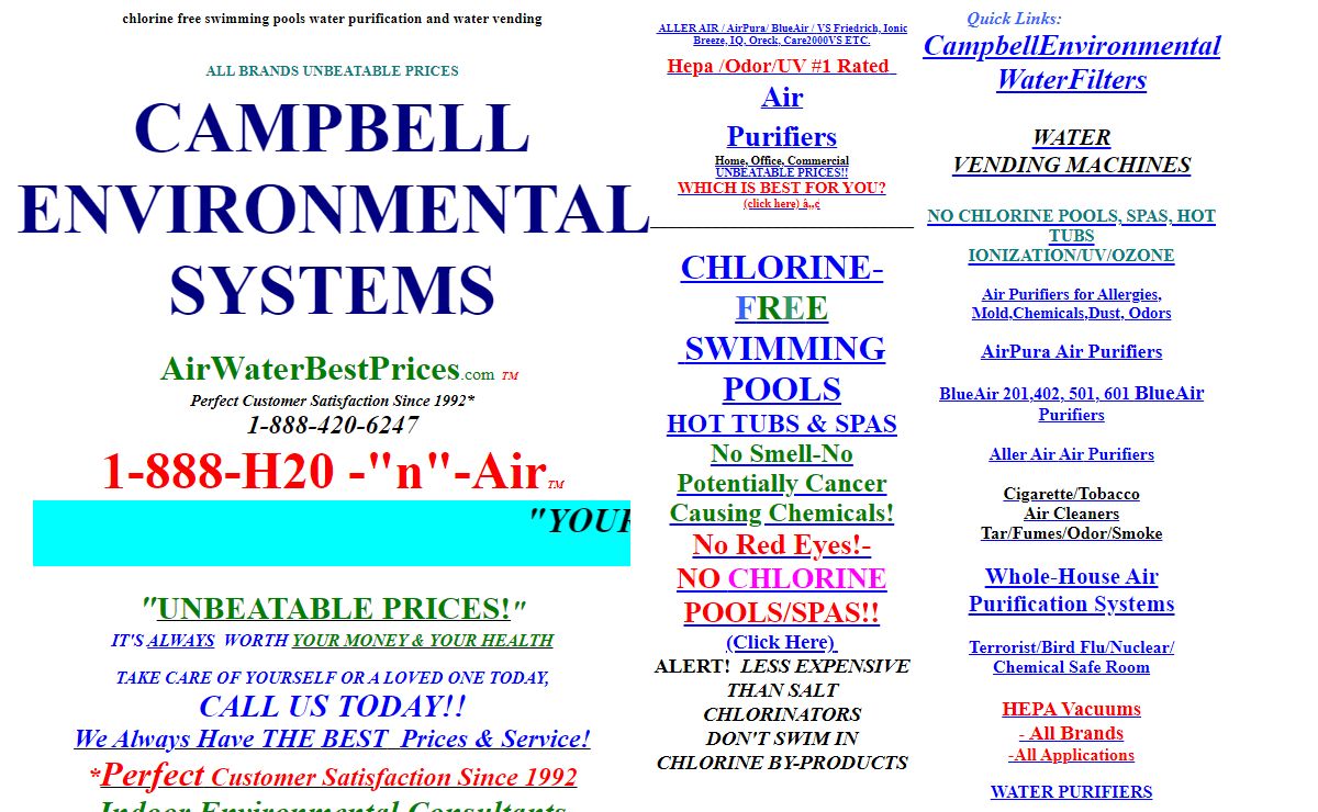 No-Chlorine-Swimming-Pools-and-Spas-Chlorine-Free-AirPura-Air-Purifiers-Aller-Air-Air-Cleaners-Campbell-Environmental-Water-Filters-Water-Vending-Machines-Hepa-Vacuum-Cleaners