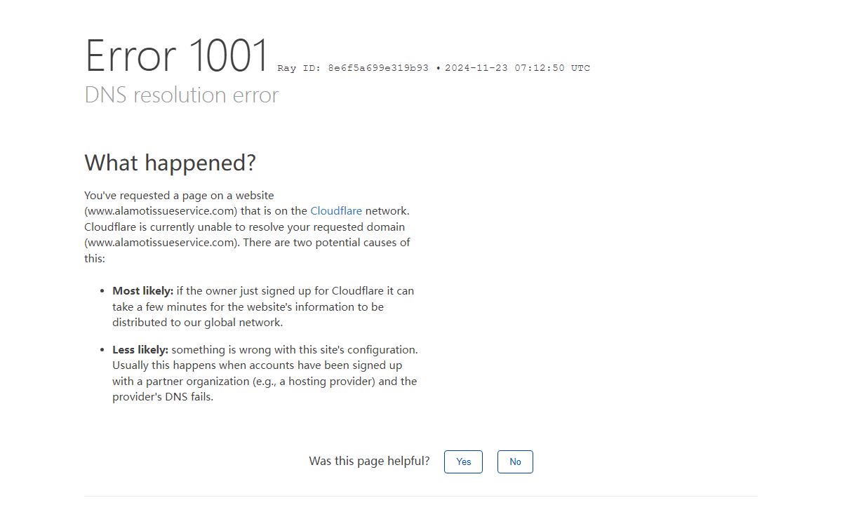 DNS resolution error | www.alamotissueservice.com | Cloudflare
