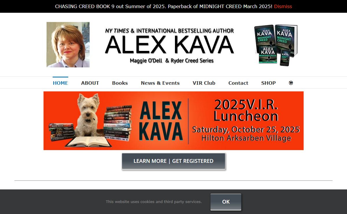 ALEX KAVA – NY TIMES, USA TODAY and AMAZON bestselling K-9 mysteries featuring former marine Ryder Creed and FBI profiler Maggie O'Dell.
