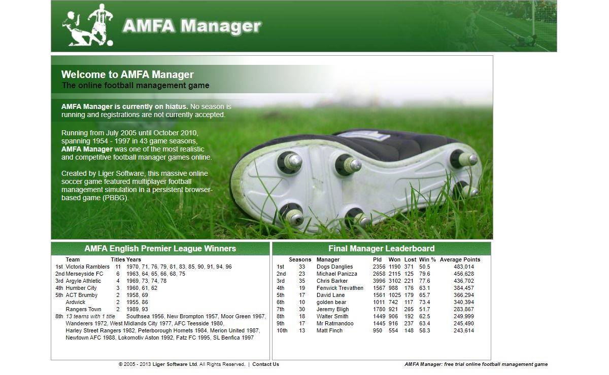 AMFA Manager - free trial football soccer management game to play online : Liger Software