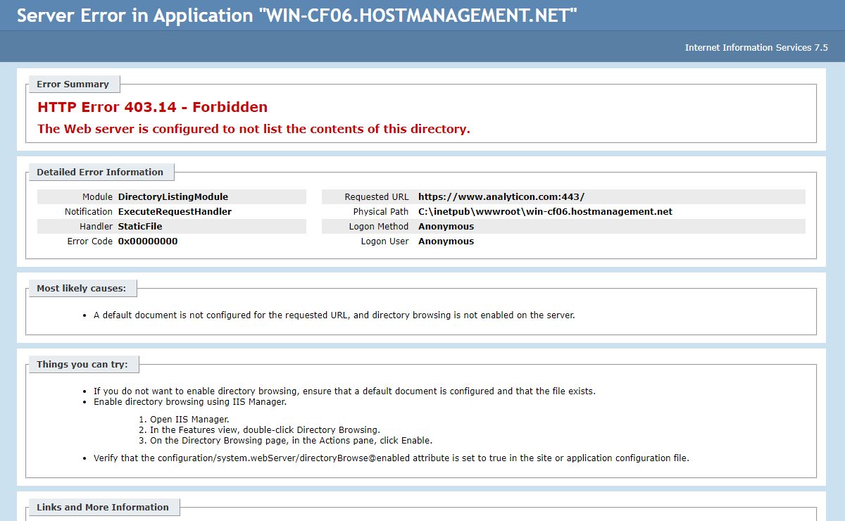 IIS 7.5 Detailed Error - 403.14 - Forbidden