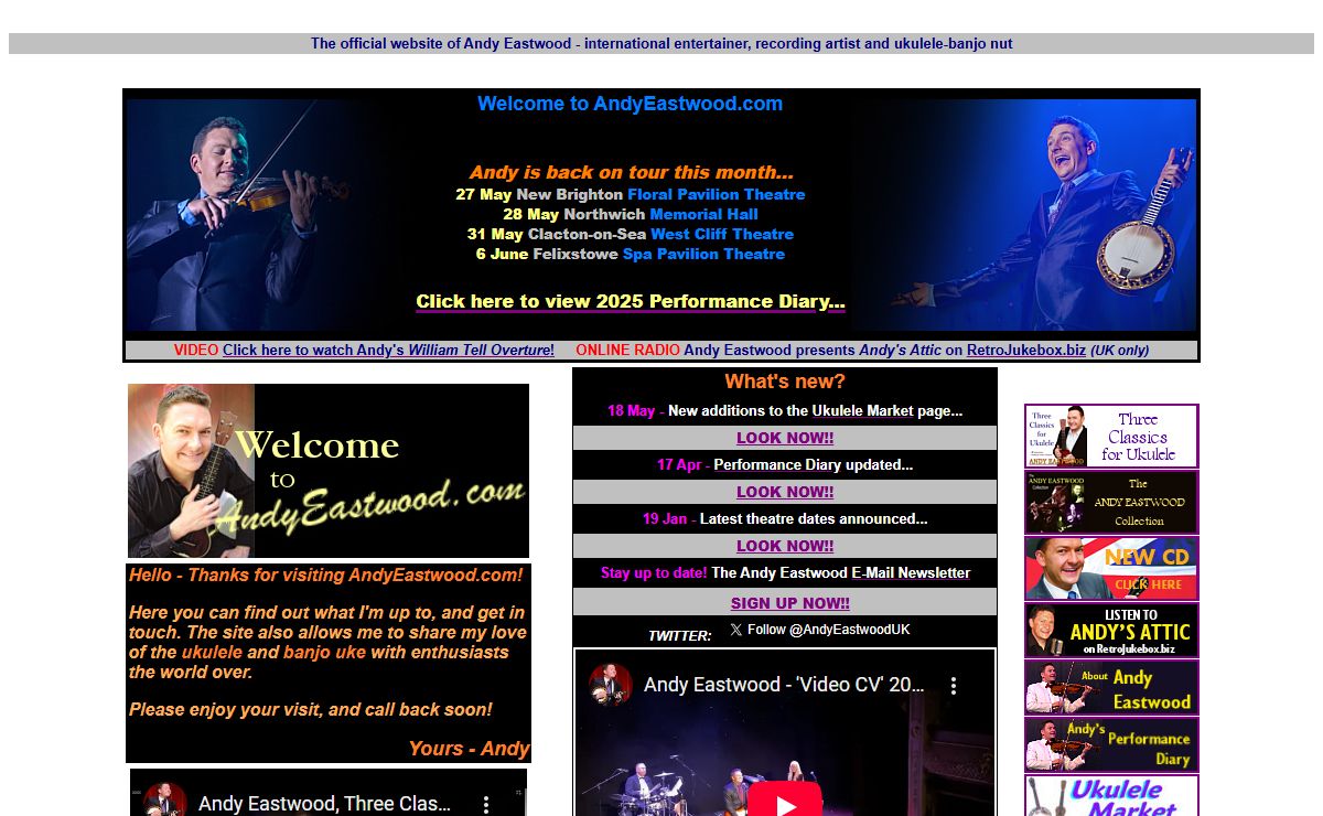 Andy Eastwood - musical variety entertainer. Tour dates, music and Ukulele Mania - online home of Britain's busiest banjolele nut.