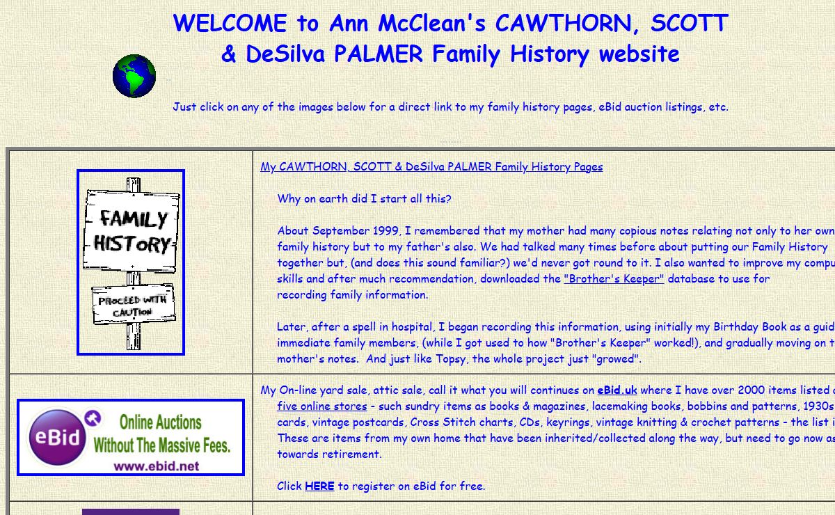 CAWTHORN, SCOTT & DeSilva PALMER Family History Pages