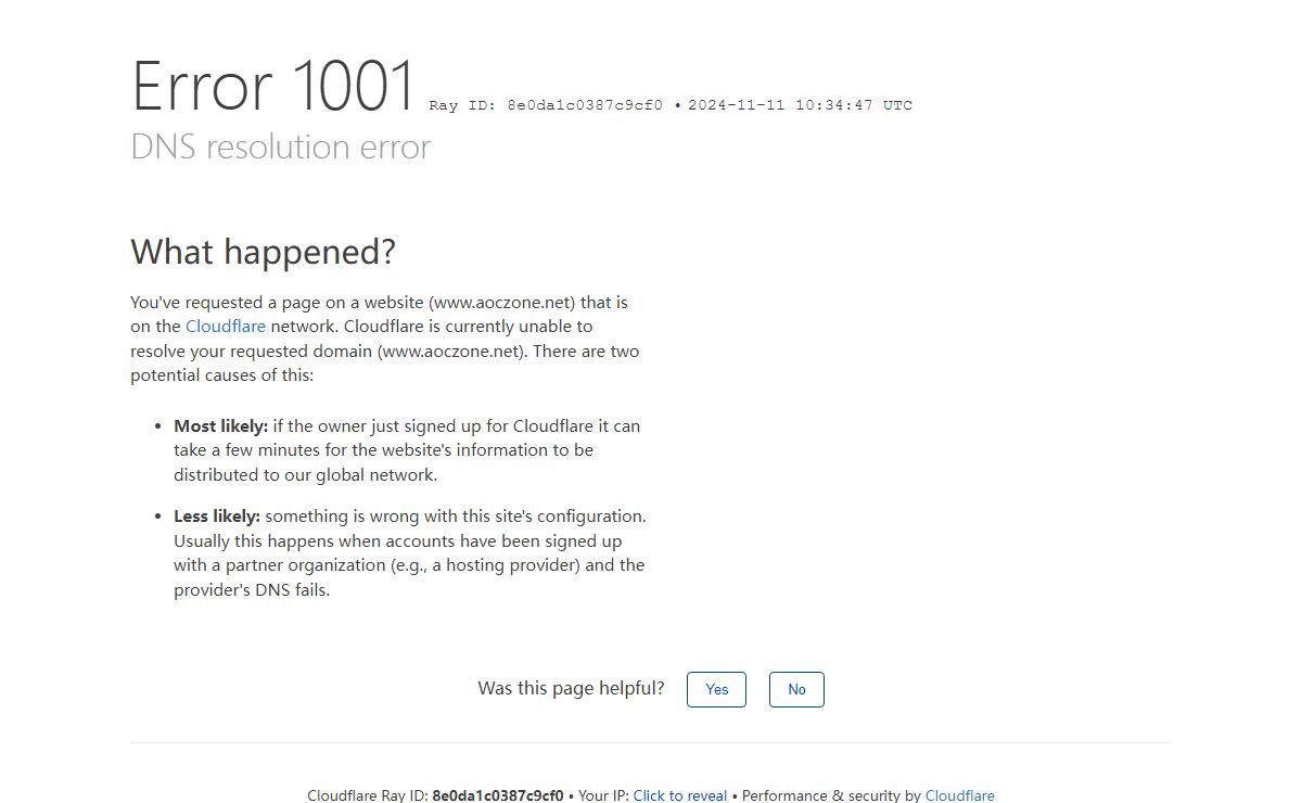 DNS resolution error | www.aoczone.net | Cloudflare