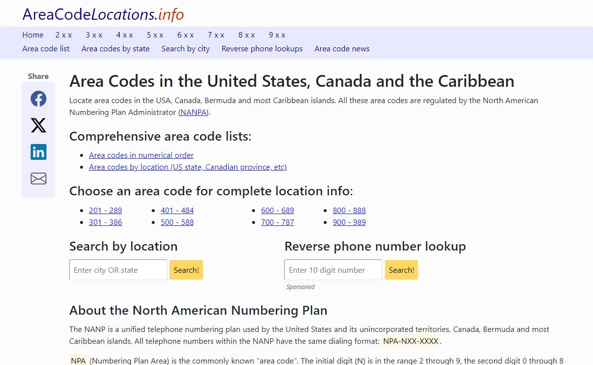 Area Code Locator for the USA and Canada