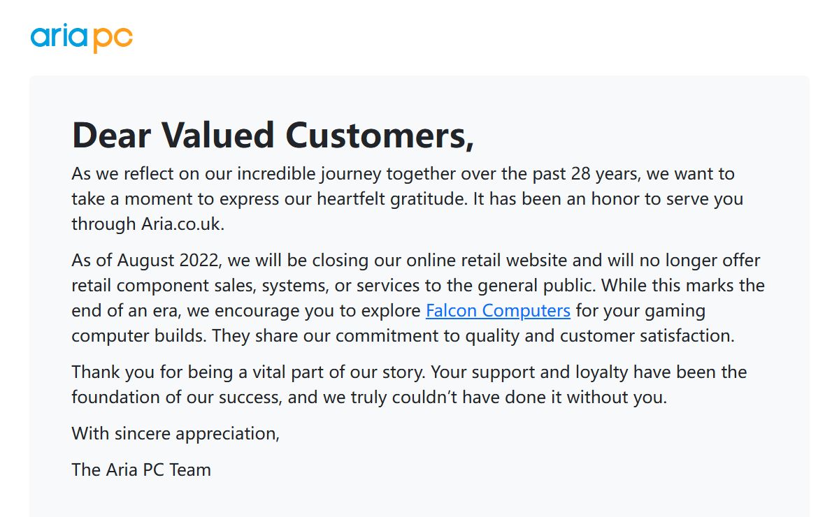 Aria PC - Message to our customers